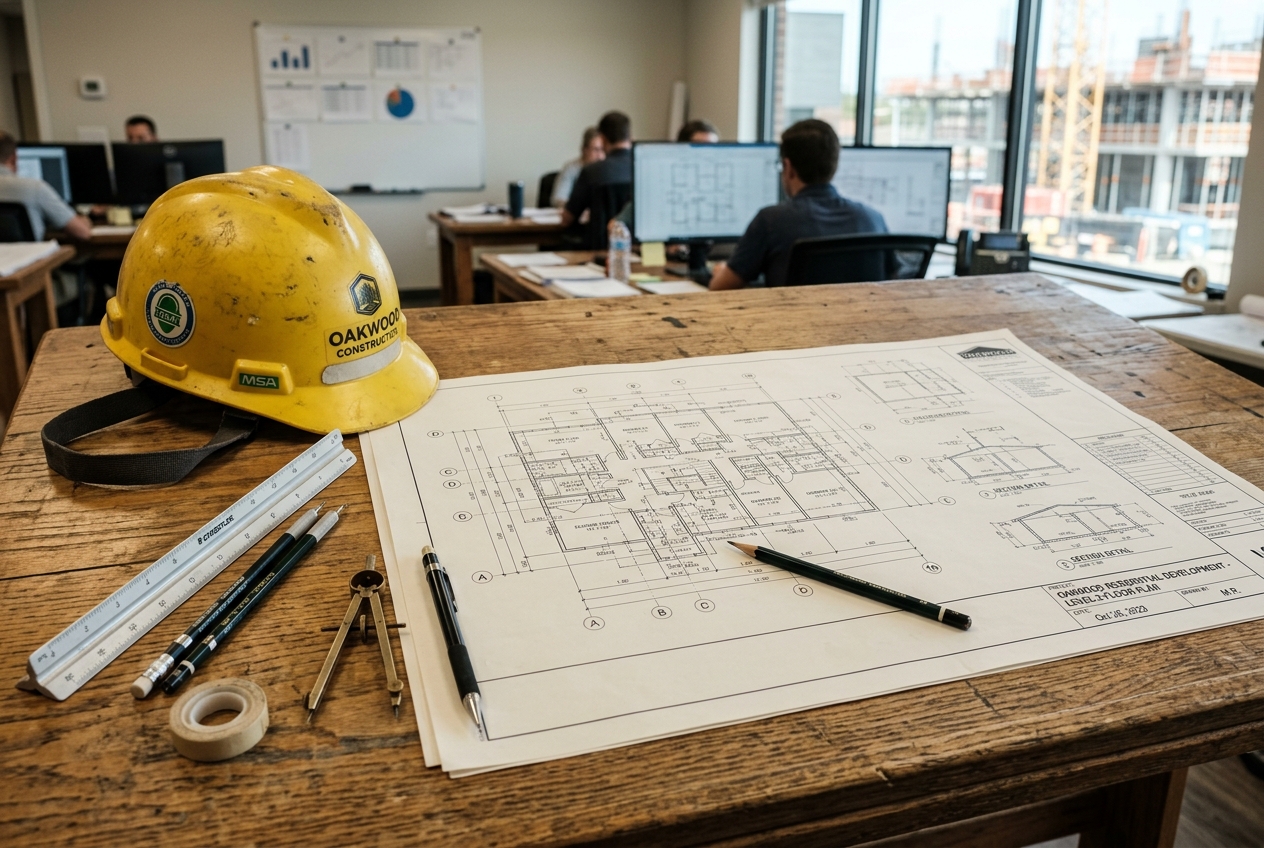 Blueprint and hardhat representing engineering precision